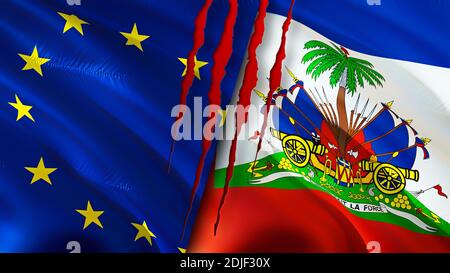 Drapeaux de l'Union européenne et d'Haïti avec concept de cicatrice. Drapeau d'ondulation, rendu 3D. Concept de conflit entre l'Union européenne et Haïti. Relations de l'Union européenne en Haïti Banque D'Images