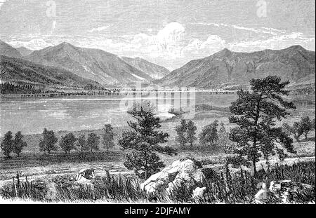 Paysage dans les montagnes Rocheuses avec le lac Jumeaux avec les sources de la rivière Arkansas, 1890 / Landschaft dans den Rocky Mountains mit dem See Jumeaux mit den Quellen des Arkansas River, 1890, Historisch, historique, Digital reproduction améliorée d'un original du 19ème siècle / digitale Reproduktion einer Originalvorlage aus dem 19. Jahrhundert, Banque D'Images