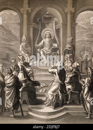 Jésus avec les érudits du Temple, gravure en acier 1853, restauré numériquement Banque D'Images