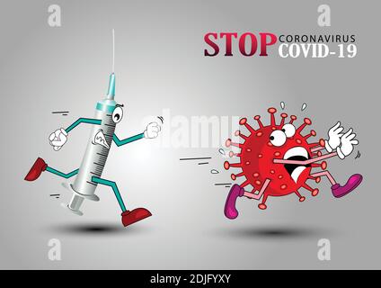 Dessin de dessin vectoriel illustration conceptuelle du virus coronavirus COVID-19 à seringue avec désinfection ou désinfectant. Illustration de Vecteur