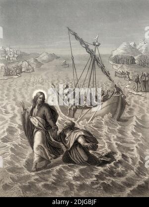 Jésus marchant sur l'eau, Nouveau Testament, gravure en acier 1853, restauré numériquement Banque D'Images