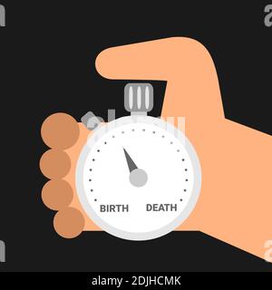Mortalité - la personne mortelle tient le chronomètre. Temps de la naissance à la mort. Le vieillissement humain / le vieillissement et de plus en plus vieux jusqu'à être mort. Illustration vectorielle Banque D'Images