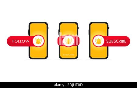 Modèle de bouton d'abonnement avec la sonnerie de notification sur l'écran du smartphone. Chaîne vidéo. Le bouton rouge s'affiche sur les réseaux sociaux. Vecteur sur blanc isolé Illustration de Vecteur