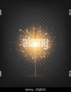 Noël nouvel an lumière bengale. Lumière étincelante dorée réaliste isolée sur fond transparent. Feu d'artifice lumineux de fête. Des décorations amusantes pour Illustration de Vecteur