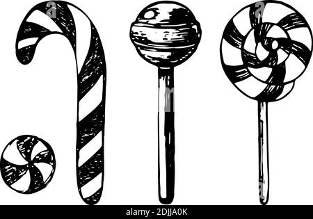 Collection Candy Sketch. Jeu d'éléments de dessin au trait dessiné à la main. Bonbons noir et blanc. Caramel, Lollipop, gouttes rondes. Illustration vectorielle. Illustration de Vecteur