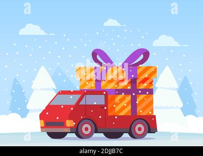 Camion de livraison avec boîte-cadeau. Paysage d'hiver avec sapins enneigés. Illustration de Vecteur