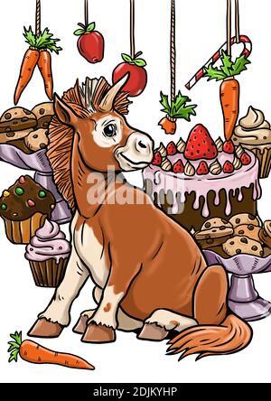Funny unicorn with candy. Template for coloring for kids and horse lovers. Banque D'Images