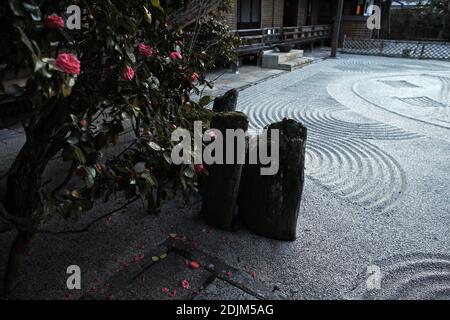 Japon/Préfecture de Wakayama/Koyasan/fleur rouge qui a très joliment tombé sur une pierre dans un jardin zen. Banque D'Images