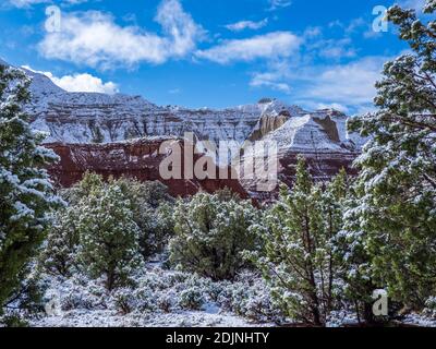 Jour de neige dans le parc, Parc d'état de Kodachrome Basin, Cannonville, Utah. Banque D'Images