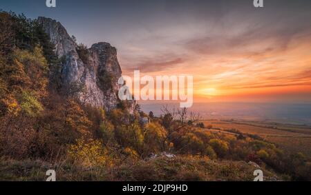 Coucher de soleil d'automne coloré sur les vignobles vus de Rocky Hill dans la zone protégée de Palava près de Mikulov en Moravie du Sud, République tchèque Banque D'Images