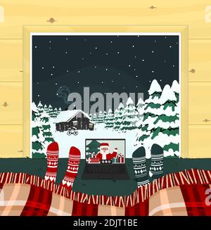 Appel vidéo avec le Père Noël dans une maison en bois avec une grande fenêtre à Noël. Deux personnes sont sur le lit sous le tissu rouge en chaussettes tricotées Illustration de Vecteur