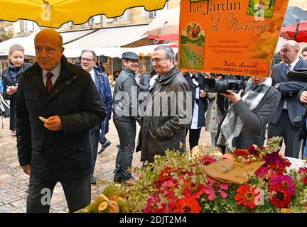 Alain Juppe, maire de Bordeaux et candidat du parti d'extrême-droite les Républicains (LR) à l'élection présidentielle de 2017, visite du marché de fuite à Sarlat-la-Caneda, dans le sud-ouest de la France, le 5 novembre 2016. Photo de PascalRondeau/ABACAPRESS.COM Banque D'Images