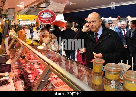 Alain Juppe, maire de Bordeaux et candidat du parti d'extrême-droite les Républicains (LR) à l'élection présidentielle de 2017, visite du marché de fuite à Sarlat-la-Caneda, dans le sud-ouest de la France, le 5 novembre 2016. Photo de PascalRondeau/ABACAPRESS.COM Banque D'Images