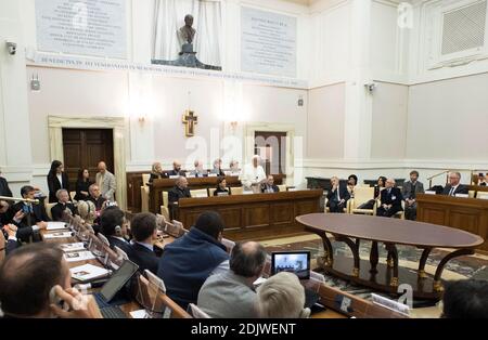 Pope Francis flanked by Queen Silvia of Sweden attend a conference called 2018;Narcotics: Problems and Solutions of this Global Issue 2019;, which was hosted by the Pontifical Academy of Sciences in the Casina Pio IV at the Vatican on November 24, 2016. Pope Francis said the drug dependency is a 2018;new form of slavery 2019; and a 2018;wound in our society 2019; which should be combatted with education and rehabilitation. Reflecting on the causes of drug dependency, the Pope said it results from a variety of factors: 2018;the absence of a family, social pressure, propaganda from traffickers, Stock Photo