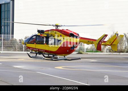 Dragon 06, (name of the helicopter of the Civil Security assigned to the department of the Alpes-Maritimes), model Airbus Helicopter EC-145 which is based on the airport of Cannes Mandelieu (LFMD), southern France on November 25, 2016. Photo by Philippe Farjon/ABACAPRESS.COM Stock Photo