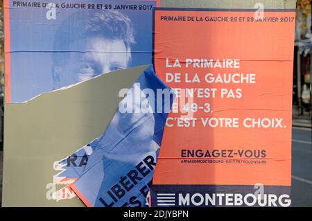 Des affiches d'élection montrant le candidat aux primaires de gauche avant l'élection présidentielle de 2017 Arnaud Montebourg sont visibles à Paris, France, le 20 décembre 2016. Photo d'Alain Apaydin/ABACAPRESS.COM Banque D'Images