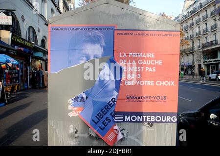 Des affiches d'élection montrant le candidat aux primaires de gauche avant l'élection présidentielle de 2017 Arnaud Montebourg sont visibles à Paris, France, le 20 décembre 2016. Photo d'Alain Apaydin/ABACAPRESS.COM Banque D'Images