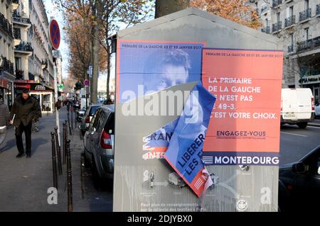 Des affiches d'élection montrant le candidat aux primaires de gauche avant l'élection présidentielle de 2017 Arnaud Montebourg sont visibles à Paris, France, le 20 décembre 2016. Photo d'Alain Apaydin/ABACAPRESS.COM Banque D'Images