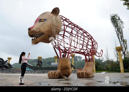 Exclusif. Une femme vivant à Chishui interagit avec un tigre géant. Le Woo de Chishui est un projet artistique élaboré par l'artiste Gad Weil en association avec l'office du tourisme de la ville pour promouvoir le tourisme dans la région. La couleur rouge de l'acier représente la rivière rouge qui traverse le Chishui et l'acier vert symbolise la Fern de l'arbre (Cibotium barometz) et le bambou très présent dans la région. Les têtes et les pieds des cinq animaux géants (un oiseau de grue, un tigre, et pas encore construit: Un singe, un dauphin et un dinosaure) sont faits de bambou. Cet événement écologique a pour but d'inviter les gens à participer à l'événement Banque D'Images