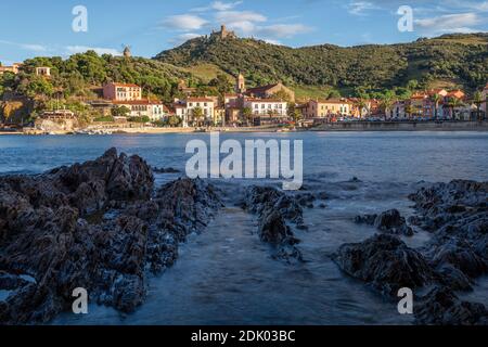 View of Collioure, with the oil mill and Fort Saint-Elme Stock Photo