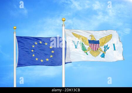 Union européenne et îles Vierges États-Unis deux drapeaux sur mâts de drapeau Banque D'Images