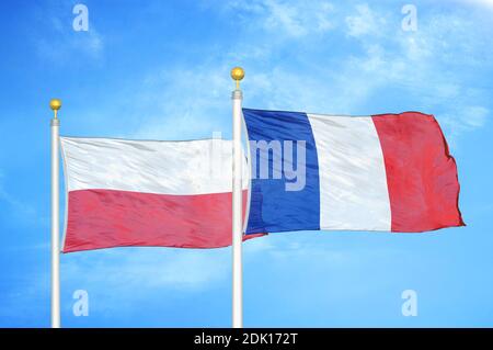 Pologne et France deux drapeaux sur les mâts et bleu nuageux ciel Banque D'Images