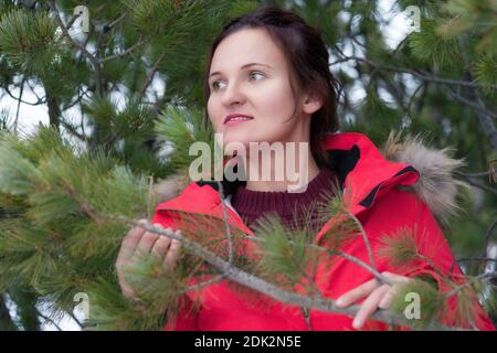 Jolie femme brune aux cheveux longs vêtue d'une veste d'hiver rouge et d'un pull brun debout dans une forêt de pins et tenant une branche avec des aiguilles dans les mains. Banque D'Images