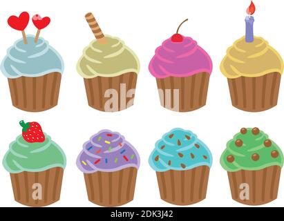 Ensemble de petits gâteaux colorés aux saveurs variées avec différentes garnitures et décorations pour gâteaux. Illustration de dessin animé vectoriel isolée sur fond blanc Illustration de Vecteur