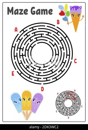 Labyrinthe rond abstrait. Feuilles de travail pour enfants. Puzzle pour enfants. Crème glacée amusante sur fond blanc. Une entrée, une sortie. Tambour de labyrinthe. V Illustration de Vecteur