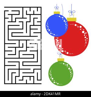 Labyrinthe rectangulaire abstrait avec une image couleur. Boules de Noël rondes. Un jeu intéressant et utile pour les enfants. Illustration simple à vecteur plat Illustration de Vecteur