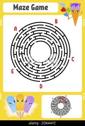 Labyrinthe rond abstrait. Feuilles de travail pour enfants. Puzzle de jeu pour enfants. Mignonne glace de dessin animé. Une entrée, une sortie. Tambour de conuntambour de labyrinthe. Illustrateur vectoriel Illustration de Vecteur