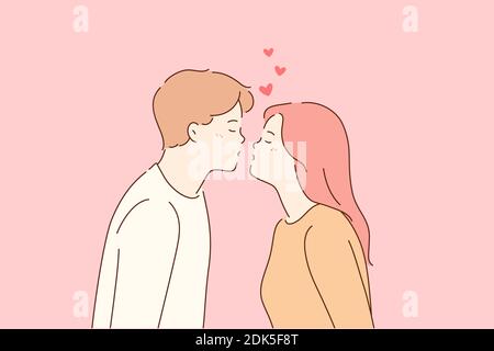 Baiser, amour, romantique concept de datation. Portrait de profil de jeune heureux amoureux couple garçon et fille atteignant pour l'autre en baiser avec les yeux fermés plus Illustration de Vecteur