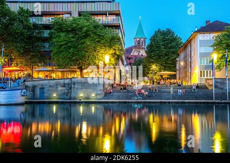 Baden-Württemberg, city of Heilbronn, in the evening on the Neckar. Germany, Baden-Wuerttemberg, city of Heilbronn. Stock Photo