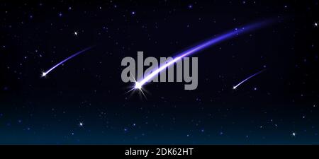 Comètes, astéroïdes ou météores tombant avec une flamme bleue dans le cosmos. Illustration vectorielle réaliste du ciel noir avec des étoiles, des météorites éclairant l'espace et des boules de feu clignotent Illustration de Vecteur