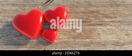 Trois coeurs rouges de différentes tailles sur fond en bois. Santé familiale, concept d'amour. illustration 3d Banque D'Images