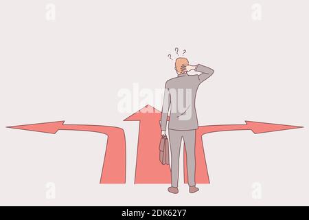 Strategy, business direction, way choice concept. Businessman standing at crossroads and thinking about right path. Pathway selection dilemma vector i Stock Vector