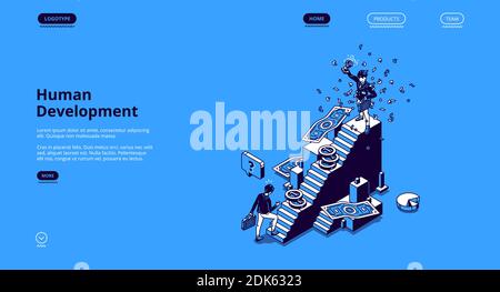 Bannière développement humain. Concept d'auto-développement de carrière d'affaires, croissance personnelle, succès professionnel. Page d'accueil Vector avec des personnes isométriques sur différentes marches de l'escalier Illustration de Vecteur