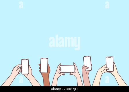 Écran de smartphone, communication en ligne, concept de chat. Mains humaines utilisant des smartphones, chat, faire des photos, surfer sur les réseaux sociaux, partager des pos Illustration de Vecteur