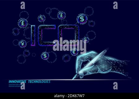 Première pièce de monnaie offrant ICO lettres concept de technologie. Business Finance Economy style poly bas. Offre en ligne de crypto-monnaie. Internet Illustration de Vecteur