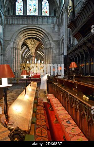 Chœur stands à la cathédrale de Hereford, Hereford, Herefordshire, Royaume-Uni Banque D'Images