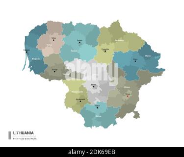 Lithuania higt detailed map with subdivisions. Administrative map of Lithuania with districts and cities name, colored by states and administrative di Stock Vector