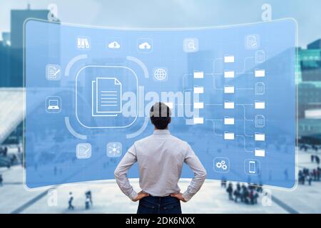 Système de gestion des documents (DMS) utilisé pour archiver, rechercher et gérer les fichiers et les informations de l'entreprise tout au long des processus métier. Concept wi Banque D'Images