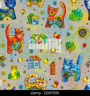 Chats aquarelles colorés gaies, motif sans couture pour le tissu et les vêtements, papier d'emballage pour la mise en page, modèle pour la carte postale, mur Banque D'Images