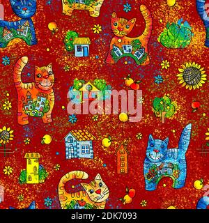 Chats aquarelles colorés gaies, motif sans couture pour le tissu et les vêtements, papier d'emballage pour la mise en page, modèle pour la carte postale, mur Banque D'Images