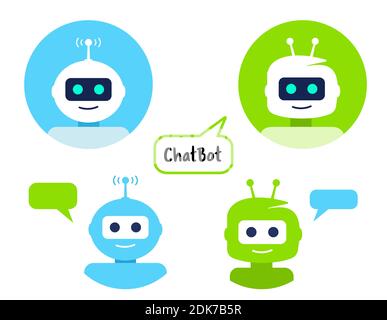 Ensemble d'icônes de robot. Motif chat Bot. Symbole de chat bot, modèle de logo de cercle. Illustration vectorielle de style moderne et plat. Personnage de dessin animé isolé sur W Illustration de Vecteur