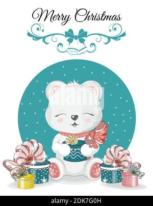 Bonne Année. Joyeux Noël adorable ours en peluche avec cadeaux. Photo à la main dessin style dessin animé, pour t-shirt vêtements mode imprimé, voiture de salutation Illustration de Vecteur