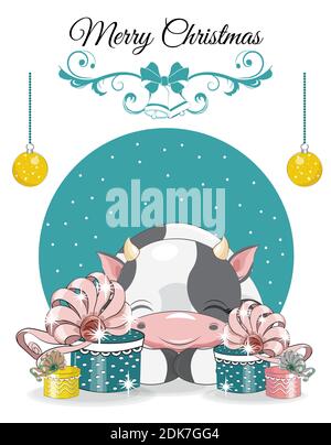 Bonne Année. Joyeux Noël mignon veau, vache, taureau avec des cadeaux. Photo à la main dessin style dessin animé, pour t-shirt vêtements mode imprimé, greetin Illustration de Vecteur