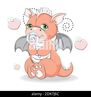 Cute baby dragon girl, with lollipop, candy, picture in hand drawing cartoon style, for t-shirt wear fashion print design, greeting card, postcard. ba Stock Vector