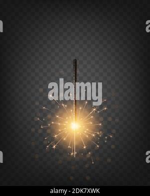 Christmas New Year bengal light. Realistic golden sparkler light isolated on transparent background. Festive bright firework. Fun decorations for cele Stock Vector