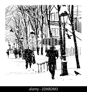 Montmartre sous la neige, Paris, France - illustration vectorielle Illustration de Vecteur